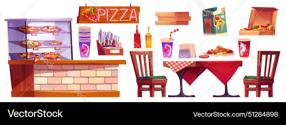 Pizzeria interior and furniture pizza cafe vector image