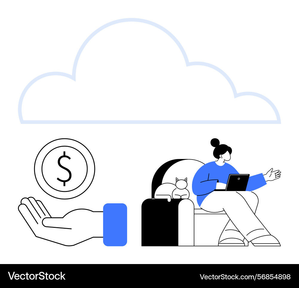 Remote worker using laptop on sofa with cat under Remote worker using laptop on sofa with cat under vector image