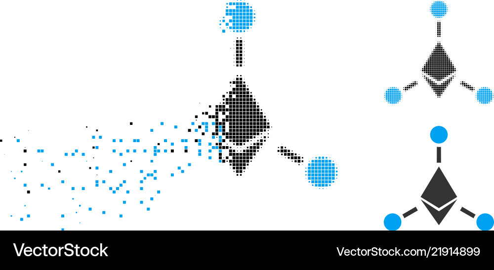 Moving pixel halftone ethereum links icon Moving pixel halftone ethereum links icon vector image