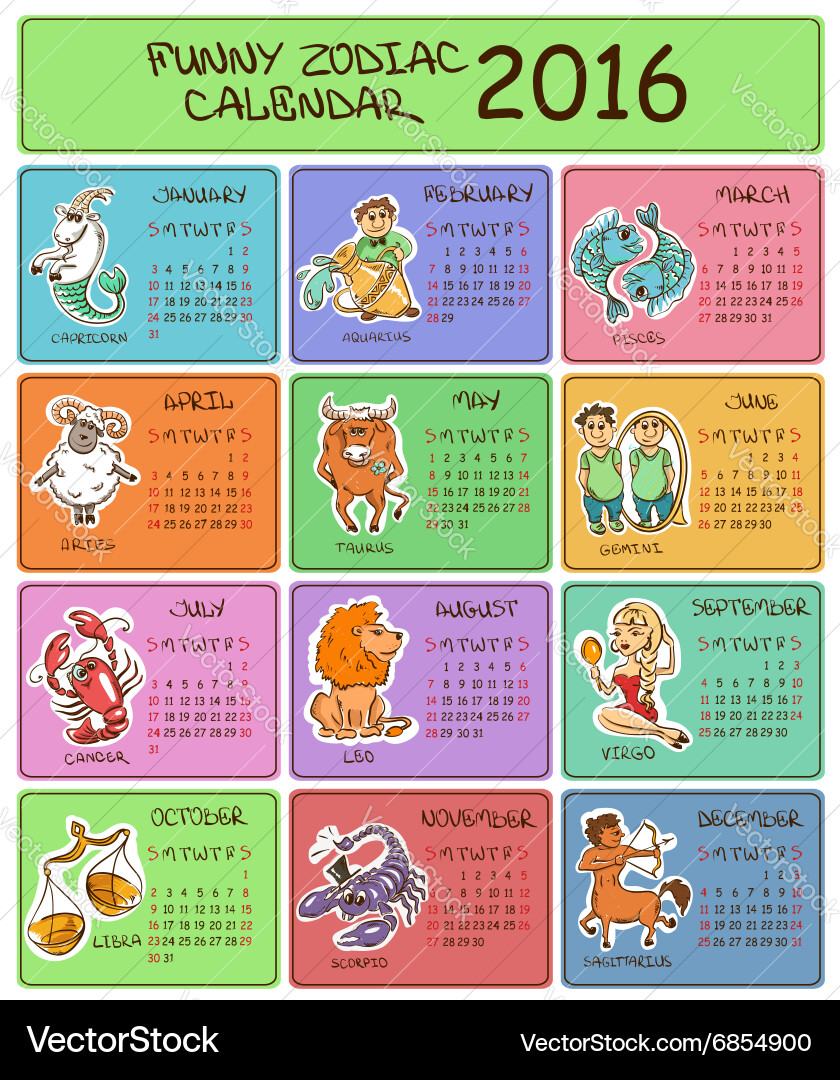 2016 calendar template with zodiac signs vector image