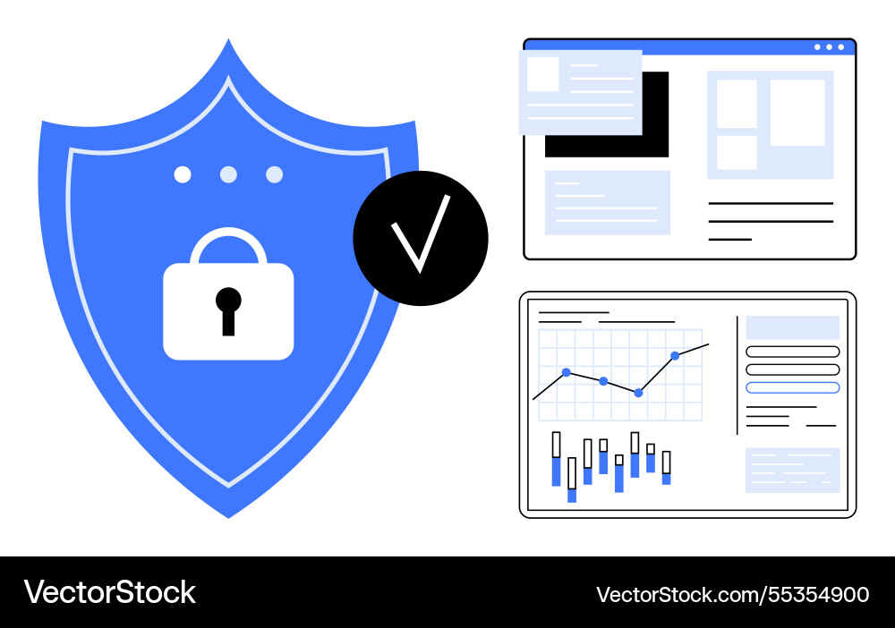 Cybersecurity shield with lock graph analytics Cybersecurity shield with lock graph analytics vector image
