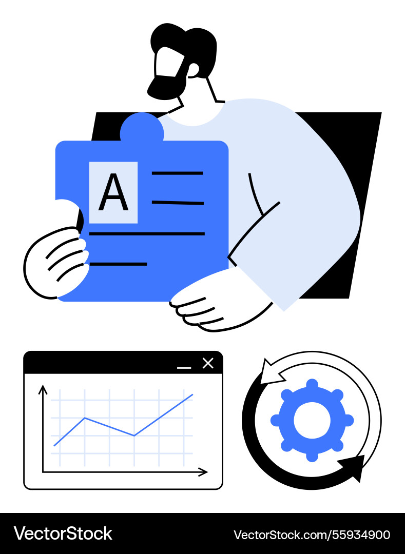 Man holding puzzle piece near graph and process Man holding puzzle piece near graph and process vector image