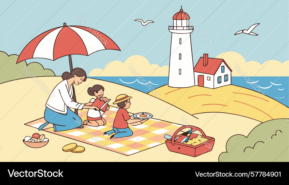 Seaside picnic with lighthouse view design Vector Image