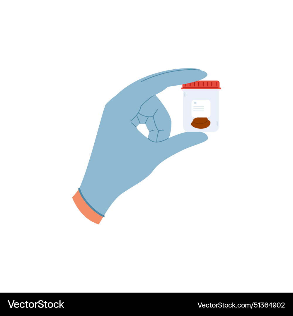 Hand in a blue glove holding plastic container Vector Image