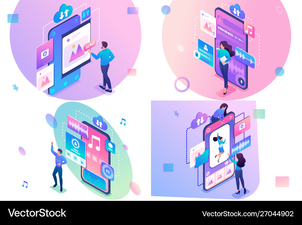 Isometric Concept: Content Upload & Sharing vector image