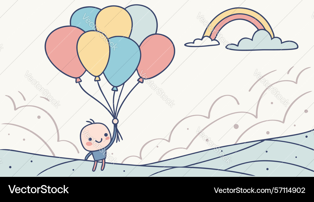 Joyful child floating with balloons towards Vector Image