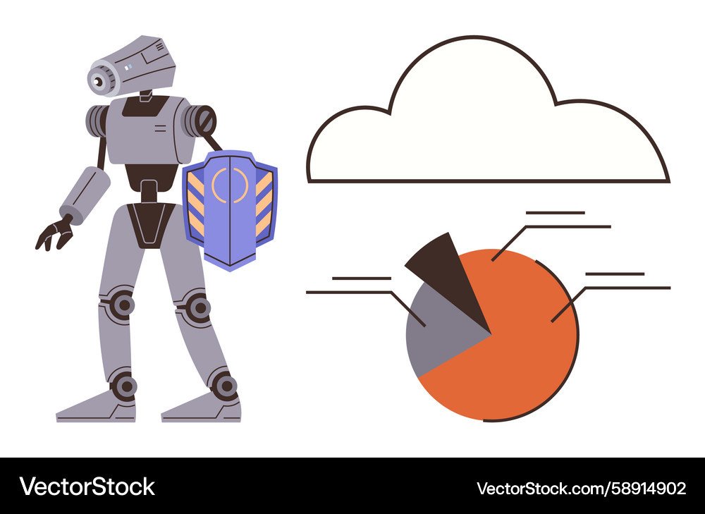 Robot with shield cloud outline and pie chart Robot with shield cloud outline and pie chart Vector Image