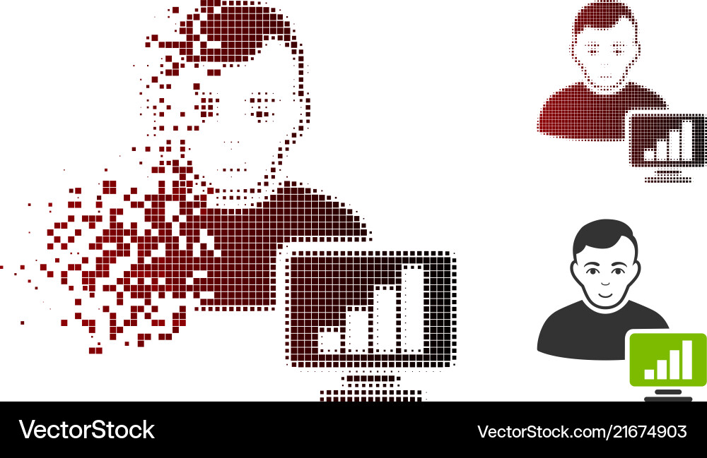 Broken dot halftone stock trader icon with face vector image
