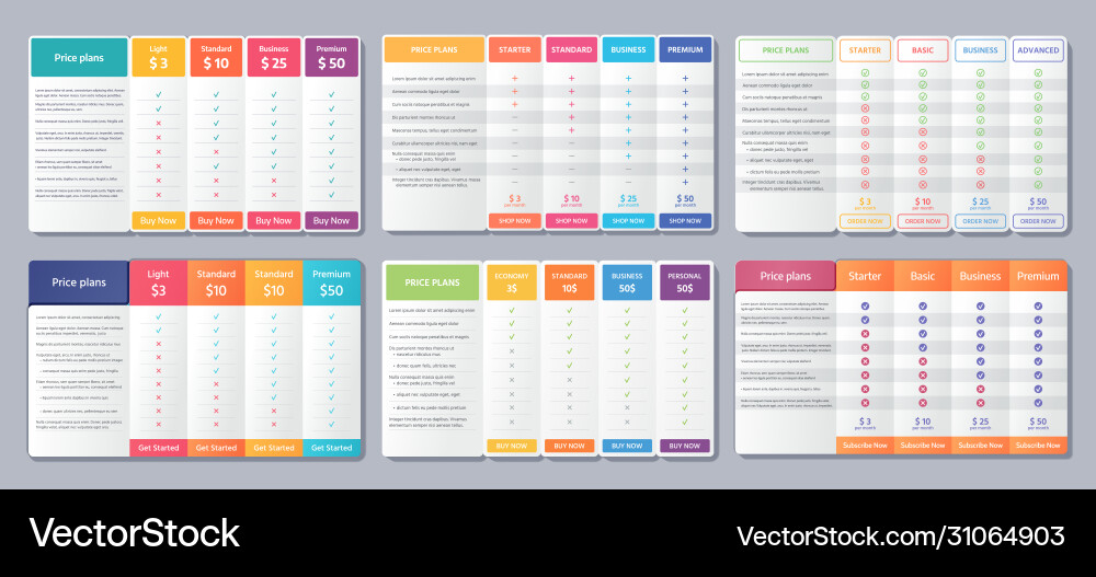 Price table comparison template with 4 columns Price table comparison template with 4 columns vector image
