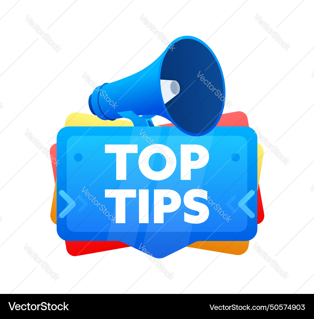 Top tips badge with megaphone banner label Vector Image
