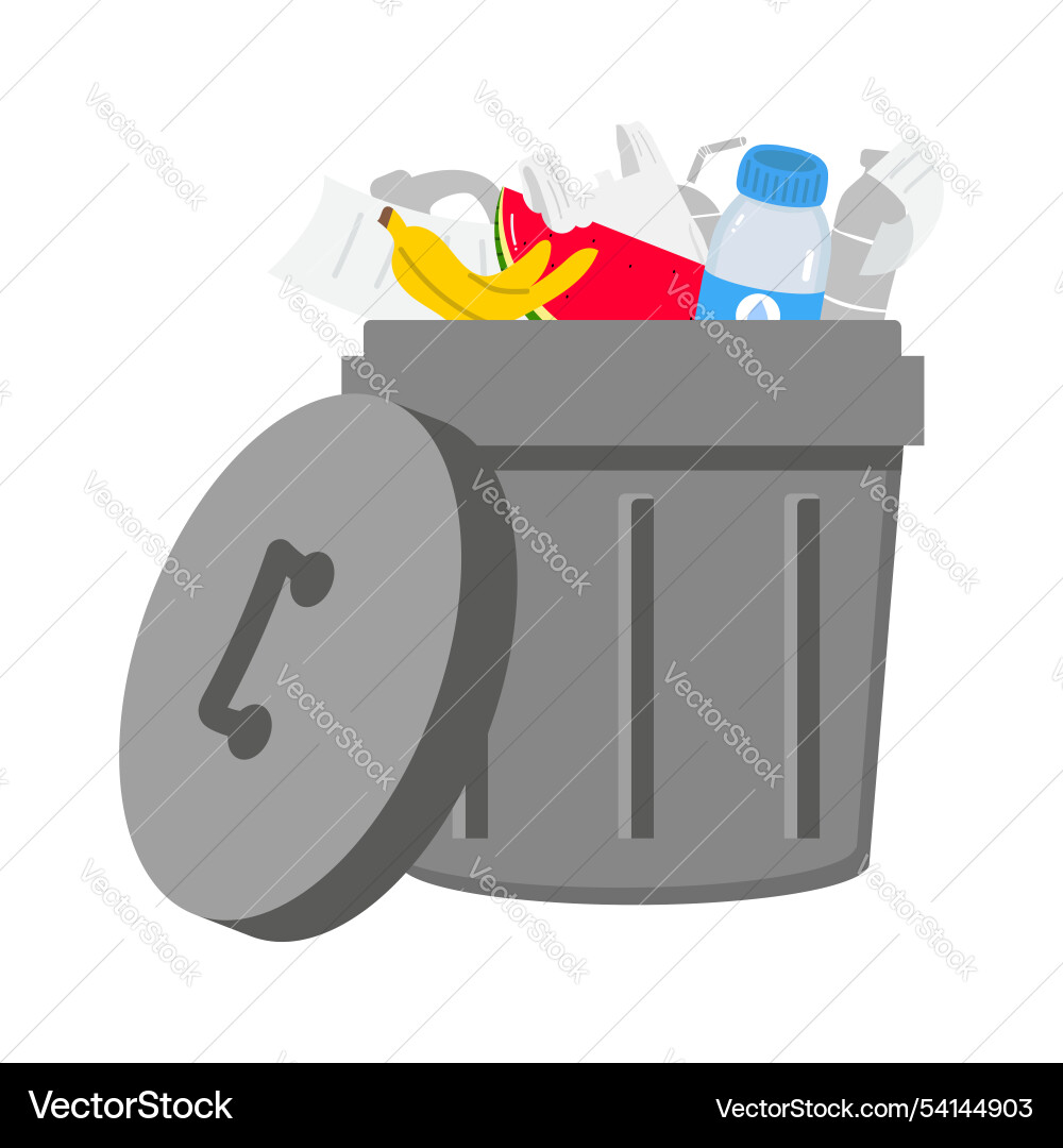 Trash can with a lid full of garbage Trash can with a lid full of garbage vector image