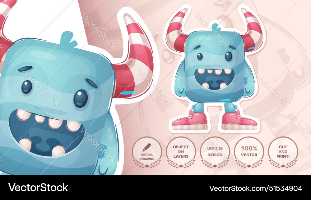 Blue monster sticker animal cartoon character Vector Image