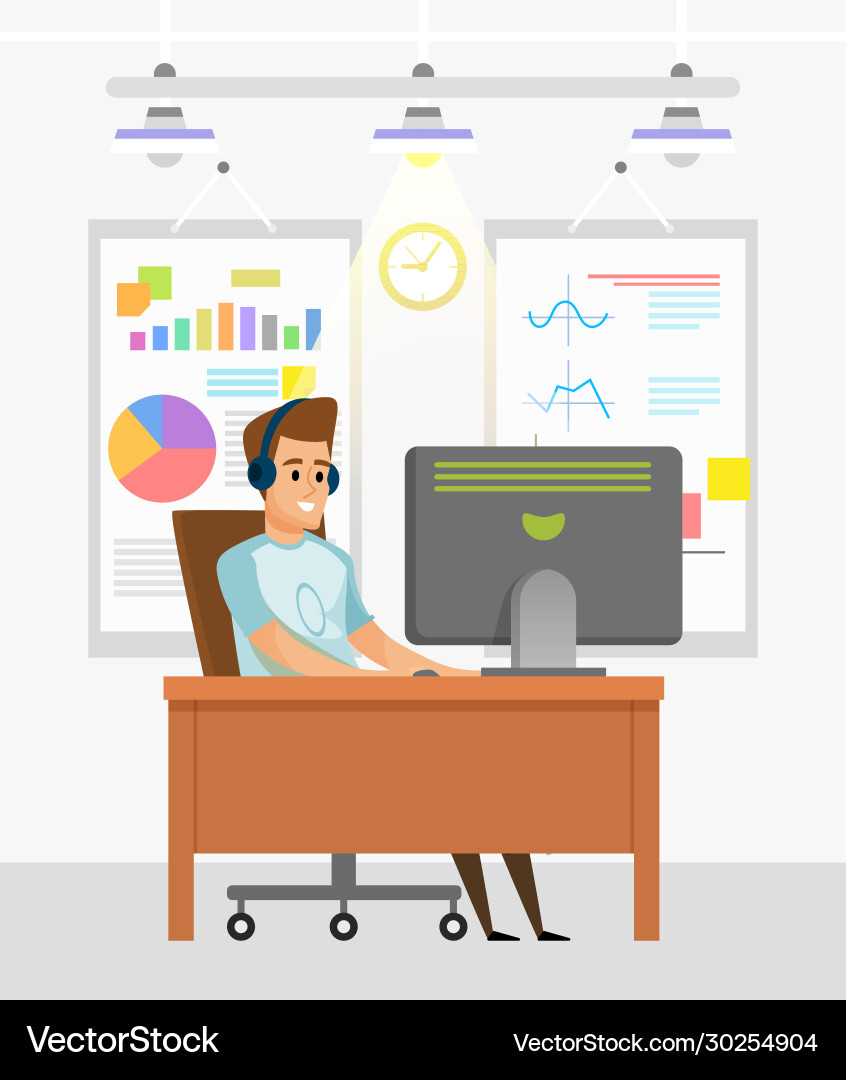 Man working in office smiling male with computer Man working in office smiling male with computer vector image