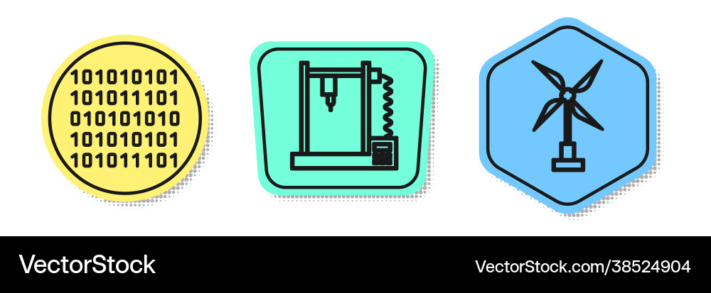Set line binary code 3d printer and wind turbine Set line binary code 3d printer and wind turbine vector image