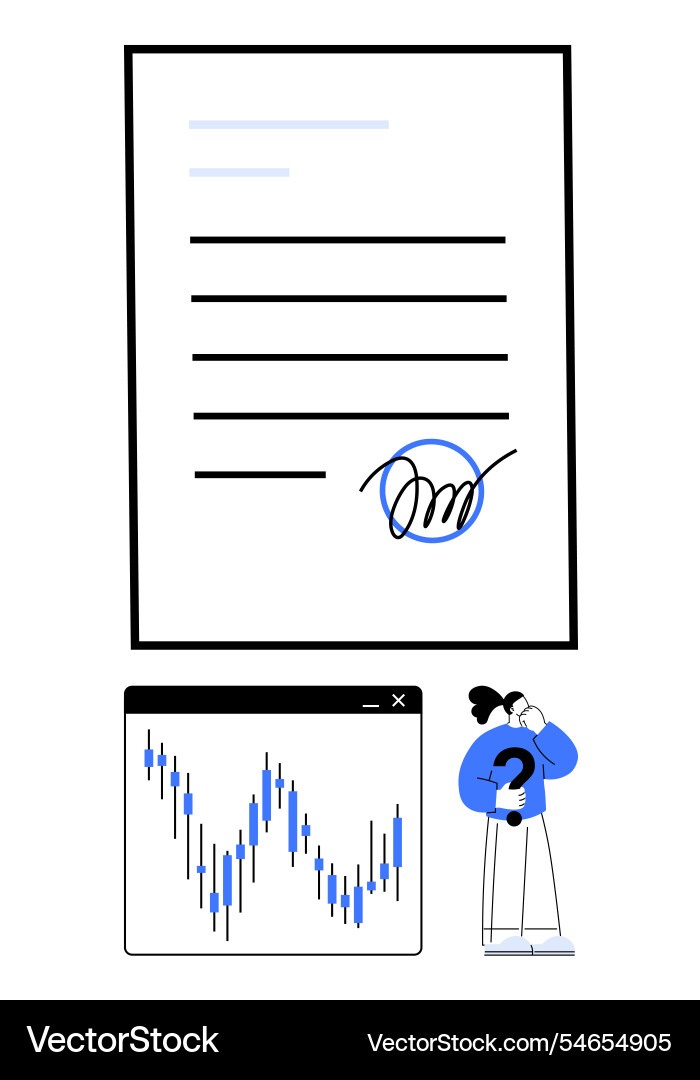 Contract signing with puzzled individual analyzing Contract signing with puzzled individual analyzing Vector Image