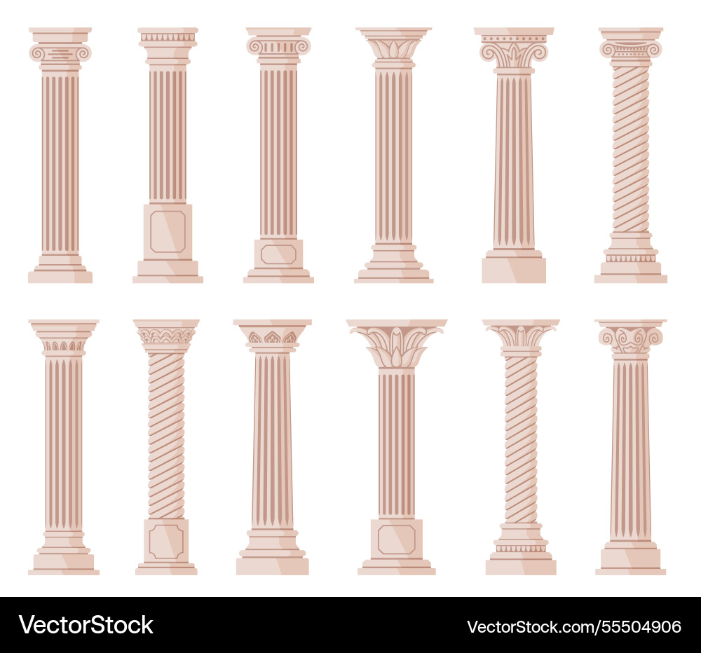 Cartoon ancient columns different orders pillars Cartoon ancient columns different orders pillars vector image