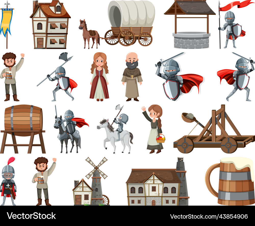 Medieval cartoon characters and objects vector image