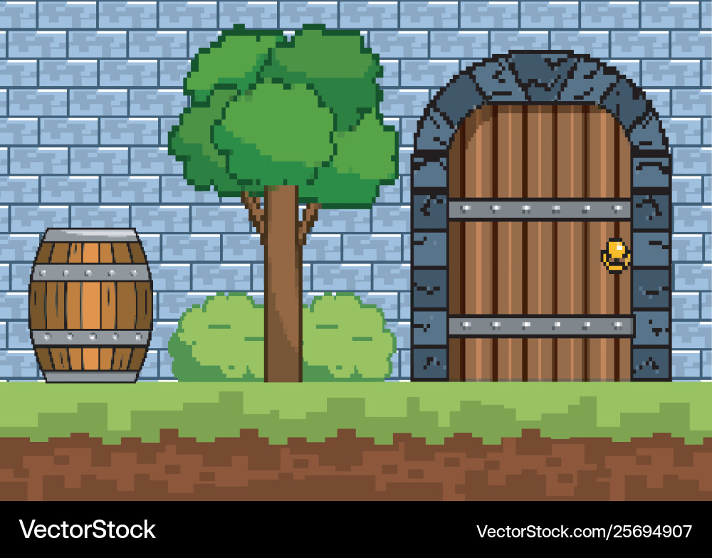 Arcade game world and pixel scene design vector image
