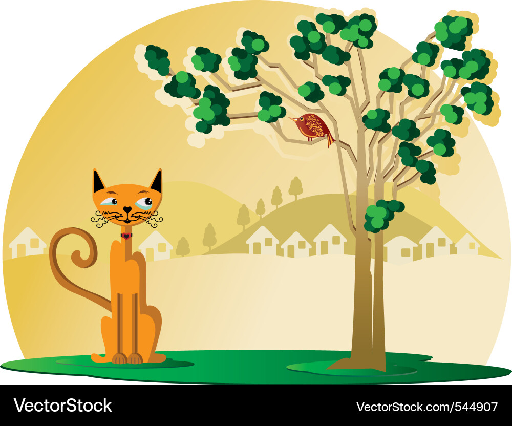Cat with bird in tree Vector Image