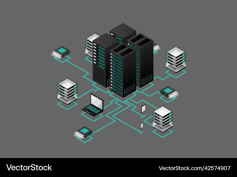 Concept of data network management isometric map Concept of data network management isometric map Vector Image