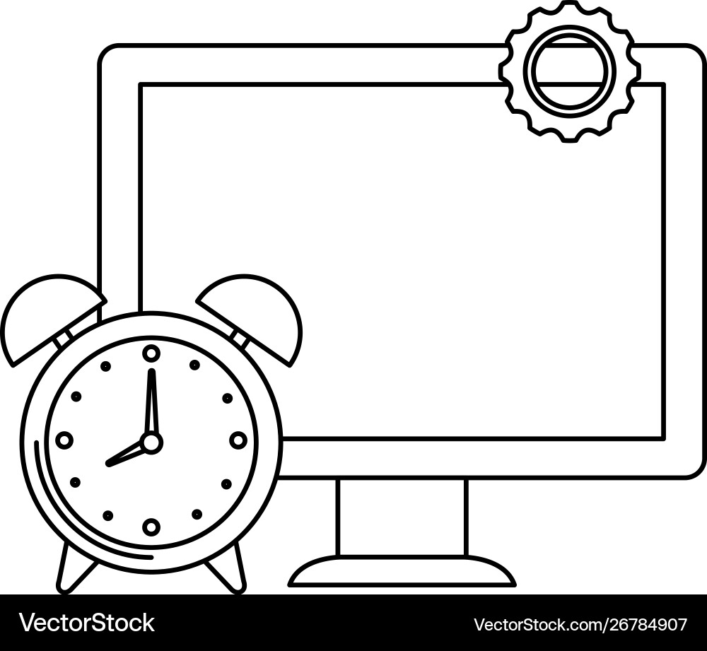 Desktop computer with alarm clock vector image