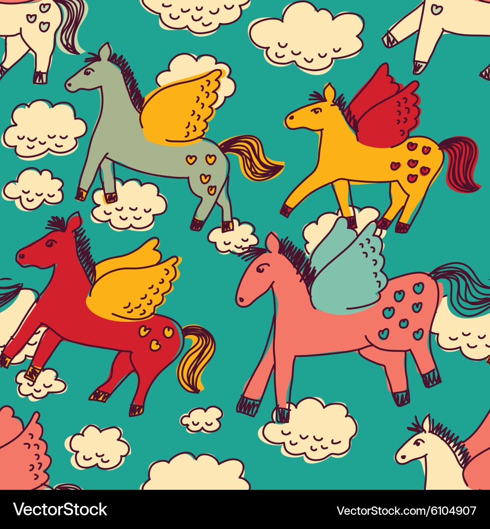 Horses and clouds color seamless pattern vector image