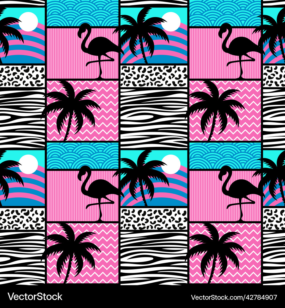 Seamless pattern with flamingos and palms exotic Seamless pattern with flamingos and palms exotic vector image