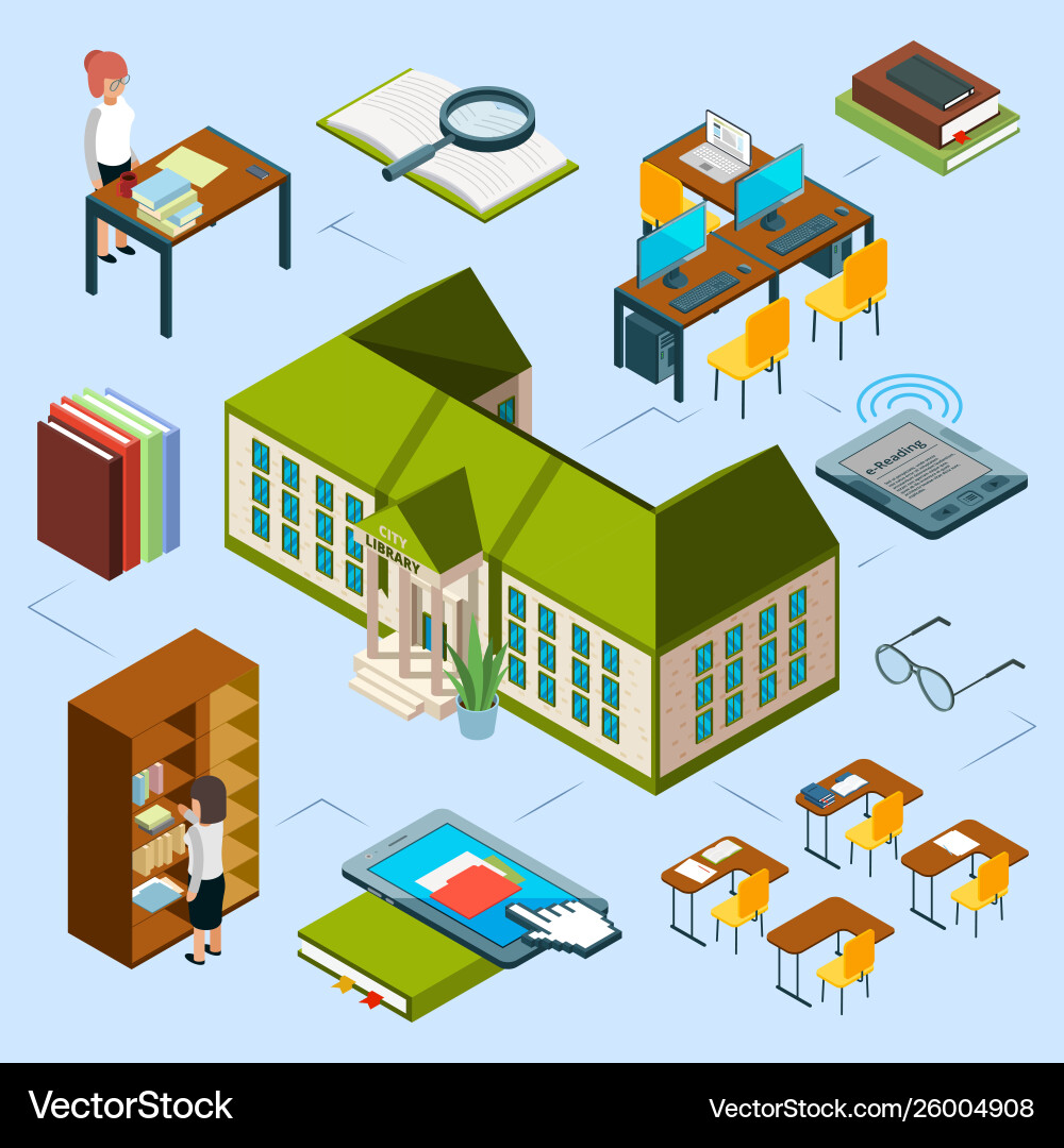 Isometric Library Concept - 3D Building Vector Image