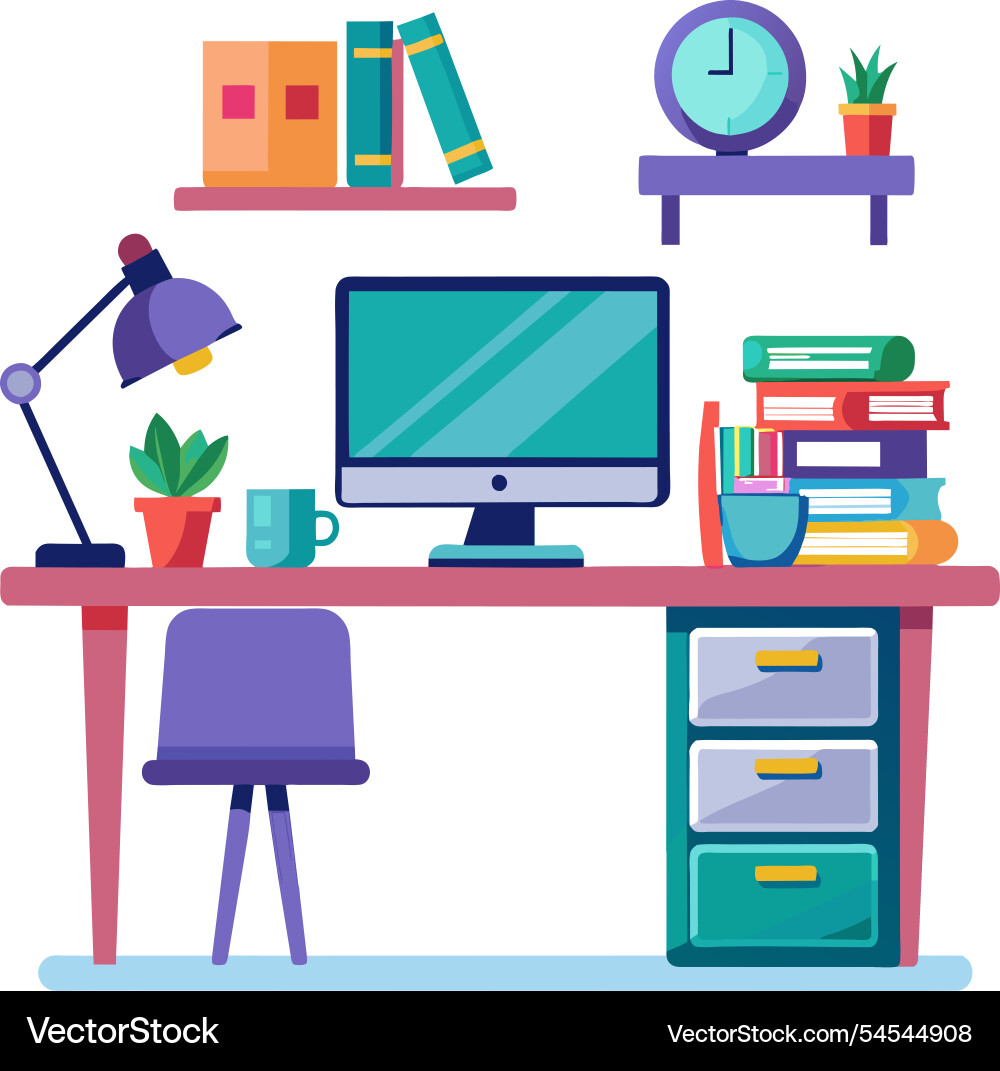 Office desk featuring a computer vector image