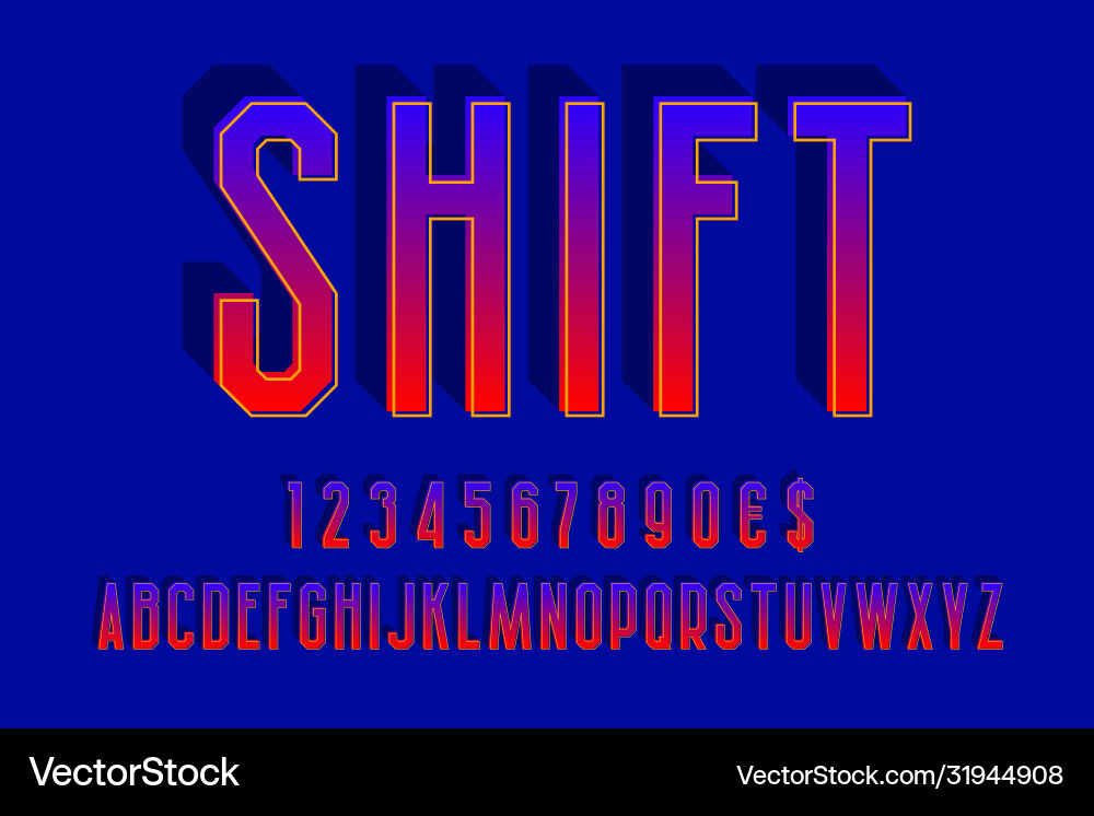 Shift gradient alphabet with numbers and currency Shift gradient alphabet with numbers and currency Vector Image
