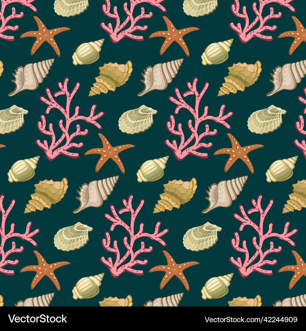 Corals and shells in a pattern Vector Image