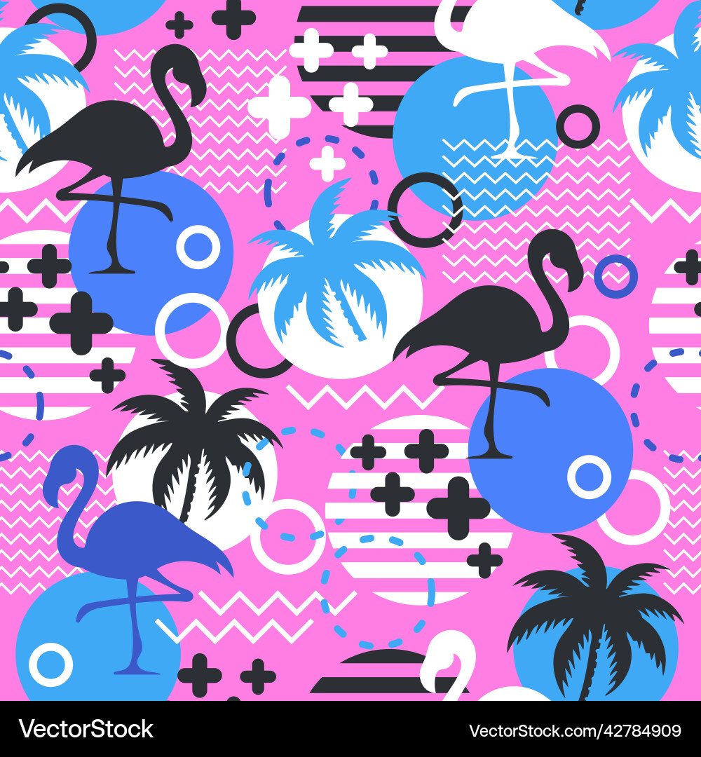 Seamless pattern with flamingos and palms exotic Seamless pattern with flamingos and palms exotic vector image