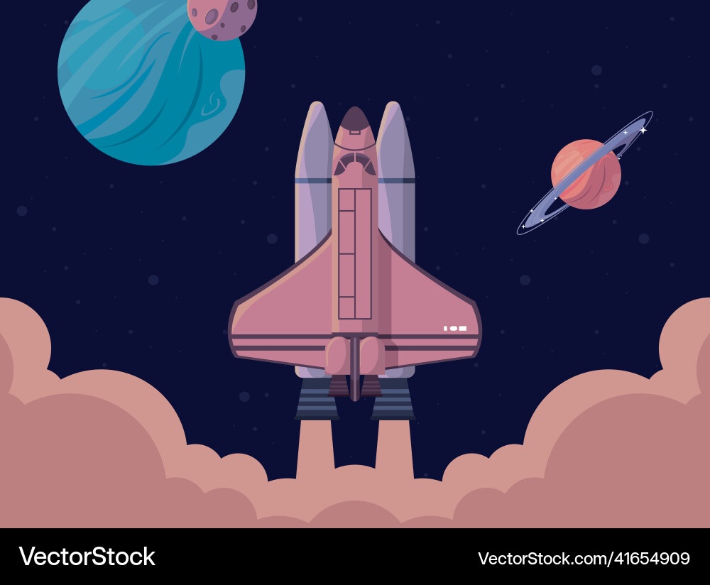Spaceship startup and planets Vector Image
