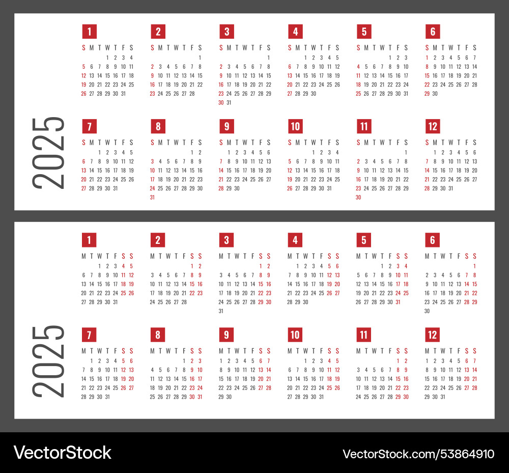 2025 Calendar - Monday Start Vector Image