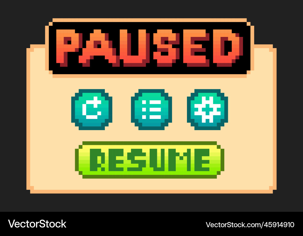 8-bit pixel text game pause menu background icon vector image