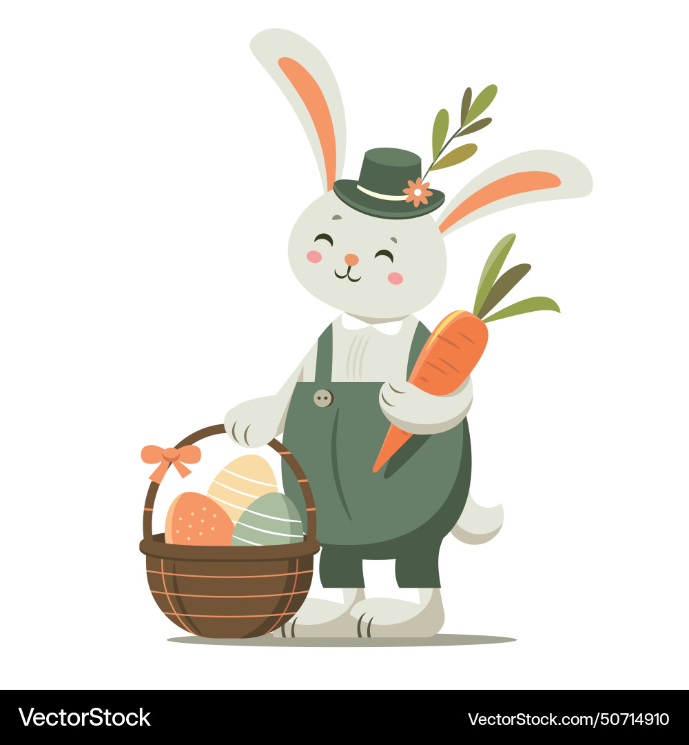 Cute easter bunny with basket and easter eggs Vector Image