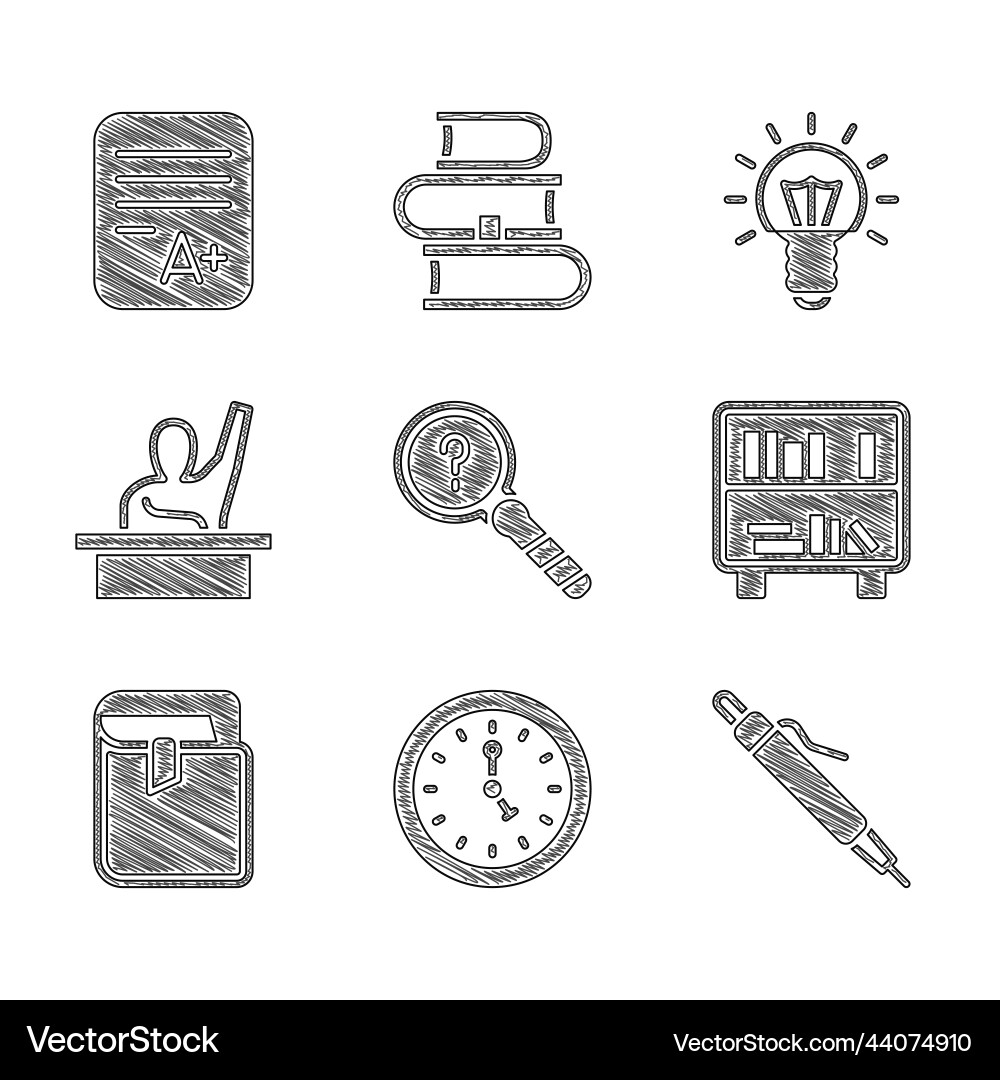 Set unknown search clock pen shelf with books Set unknown search clock pen shelf with books Vector Image