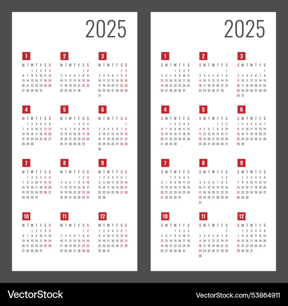 Calendar for 2025 starts sunday and monday Calendar for 2025 starts sunday and monday vector image