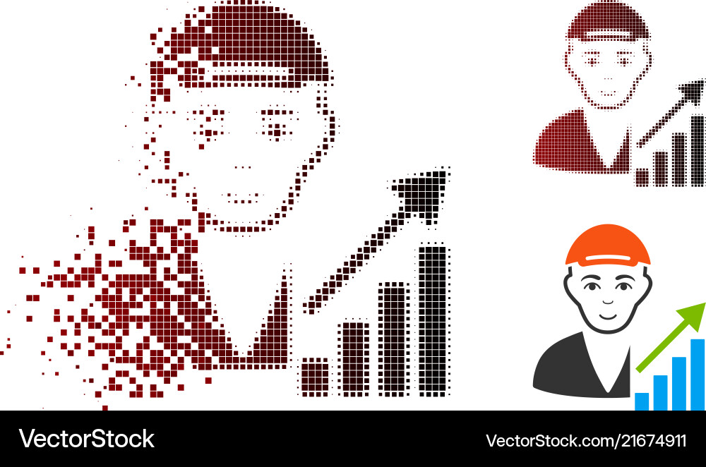 Dispersed dot halftone stock trader icon with face Dispersed dot halftone stock trader icon with face vector image