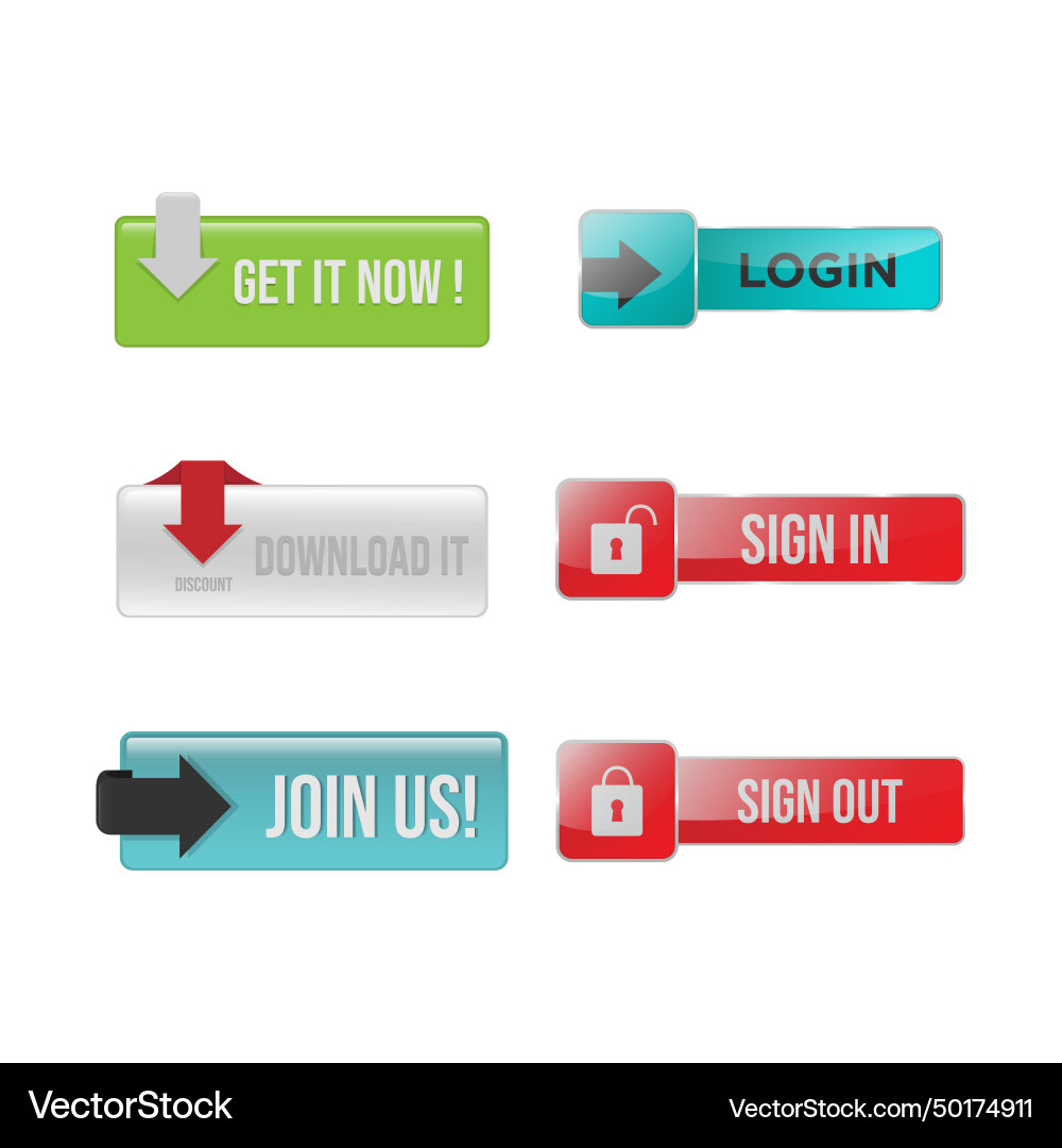 Set of 3d glossy action web button design vector image