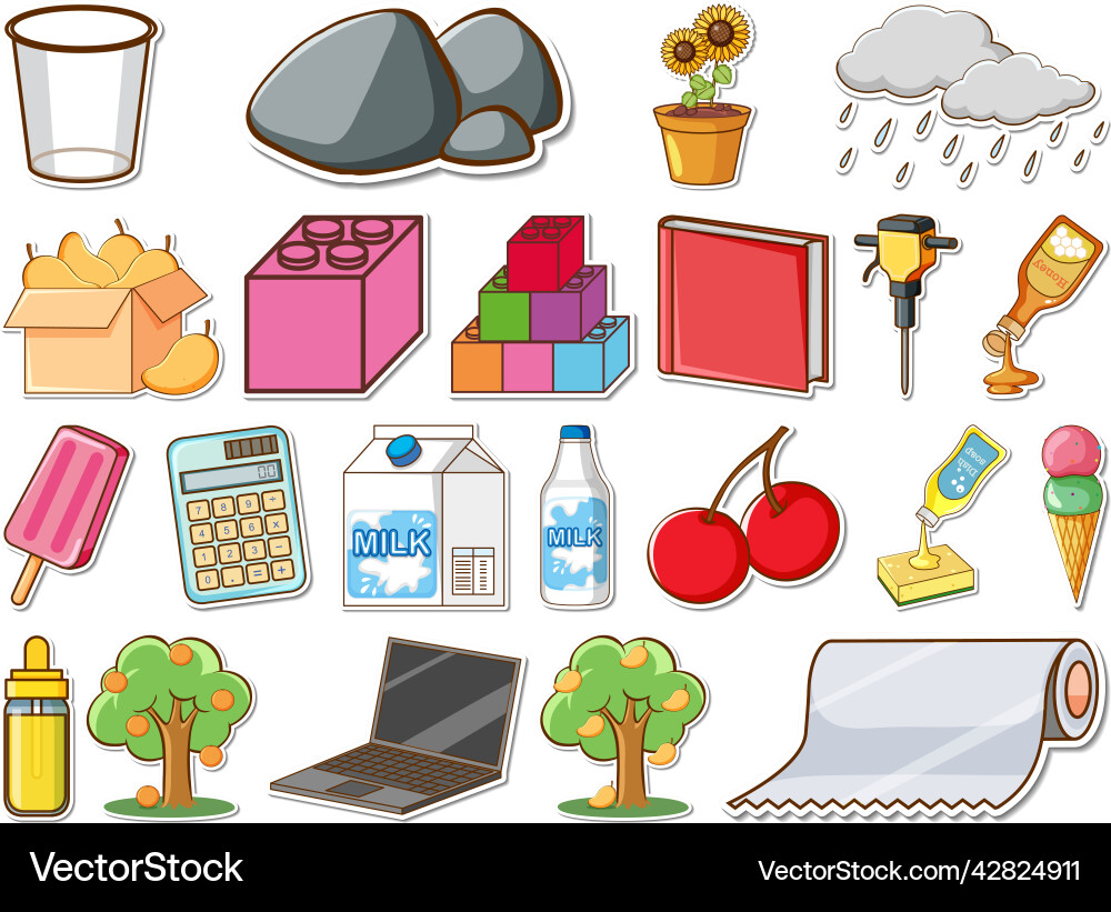 Sticker set of mixed daily objects Vector Image