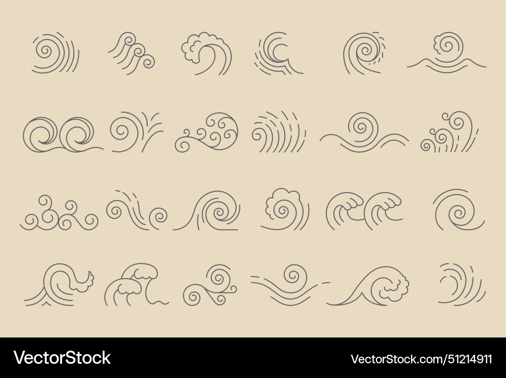 Wave icons linear set of abstract liquid waves vector image