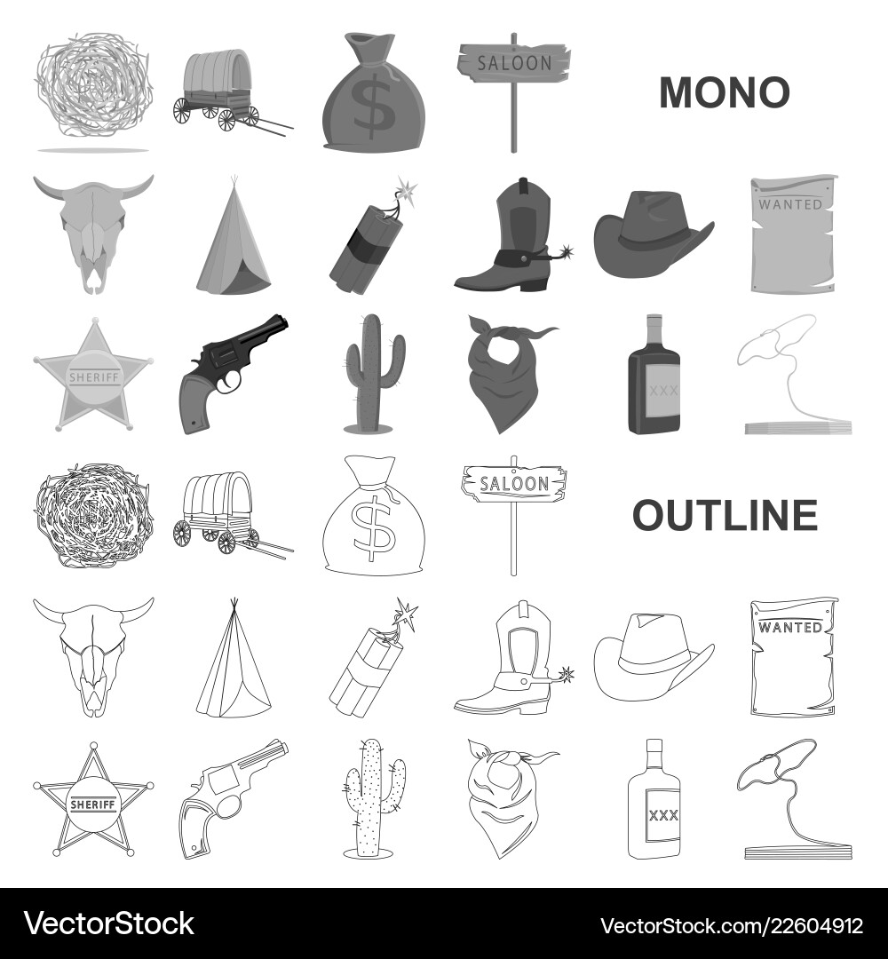 Attributes of the wild west monochrom icons in set Attributes of the wild west monochrom icons in set Vector Image