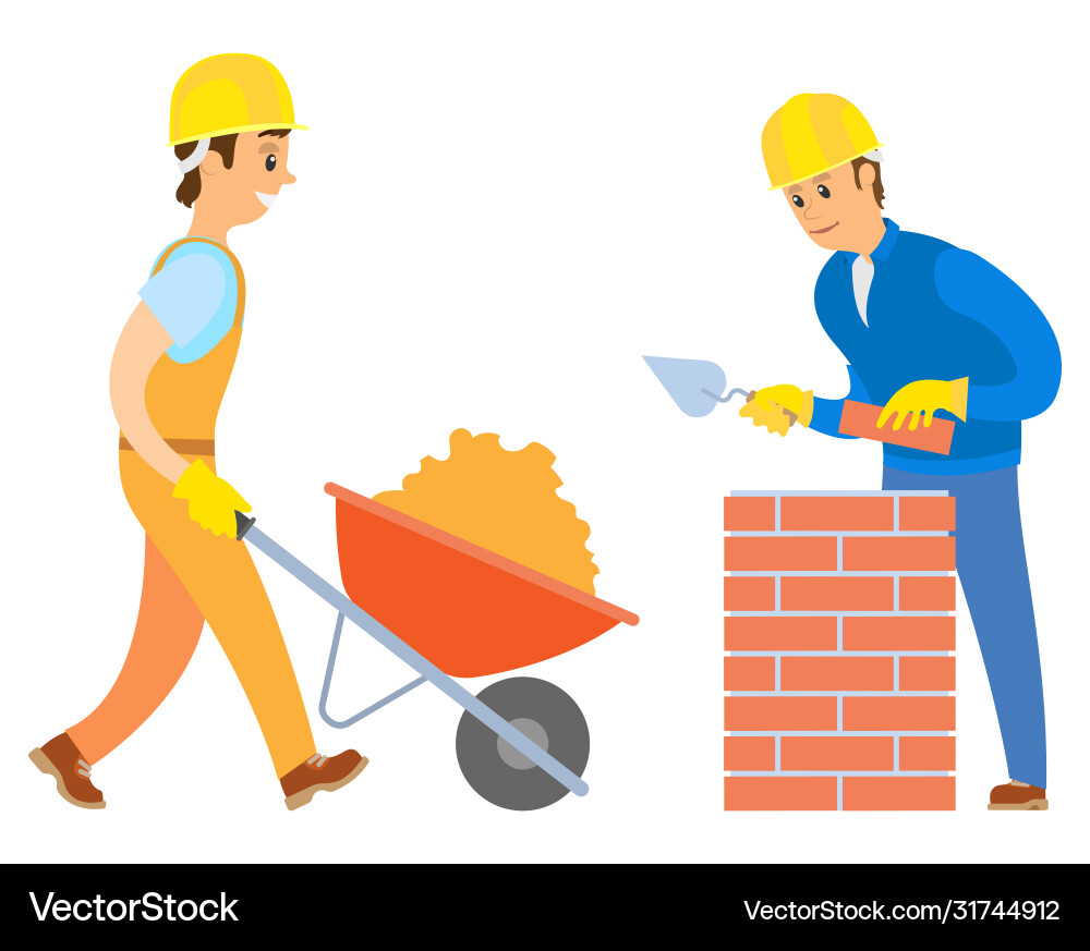 Builder and helper with building material set Vector Image