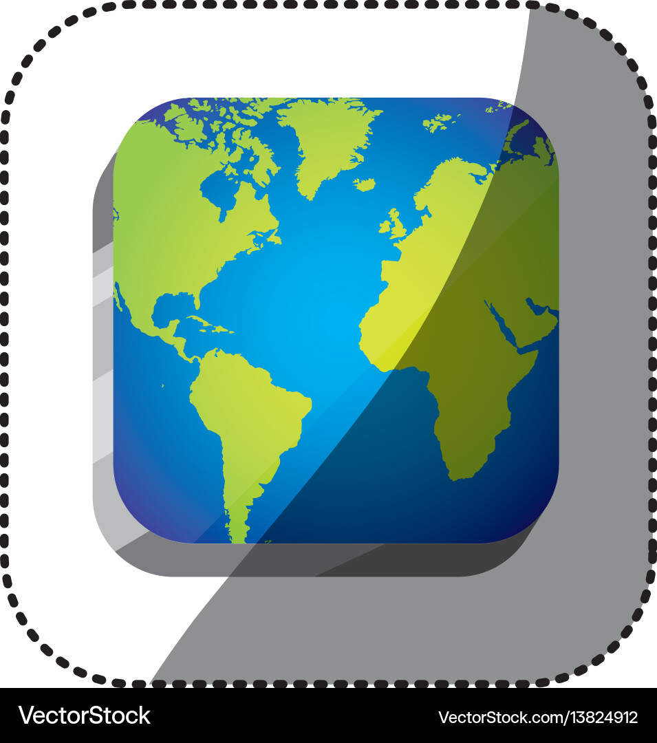 Sticker color square 3d button with map continents vector image
