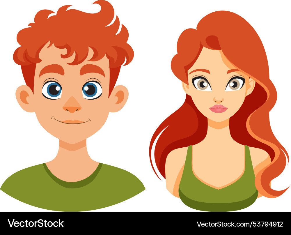 Two red-haired cartoon characters smiling Two red-haired cartoon characters smiling vector image