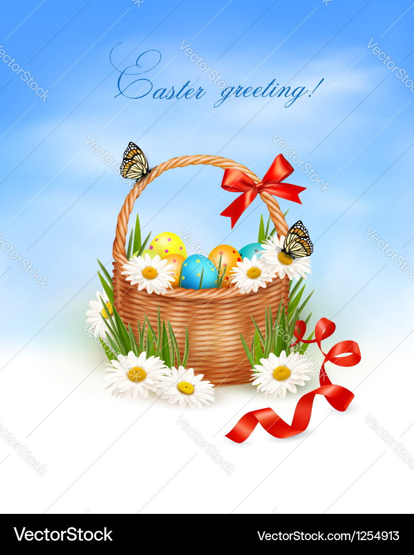 Easter Basket with Eggs - Spring Background Vector Image