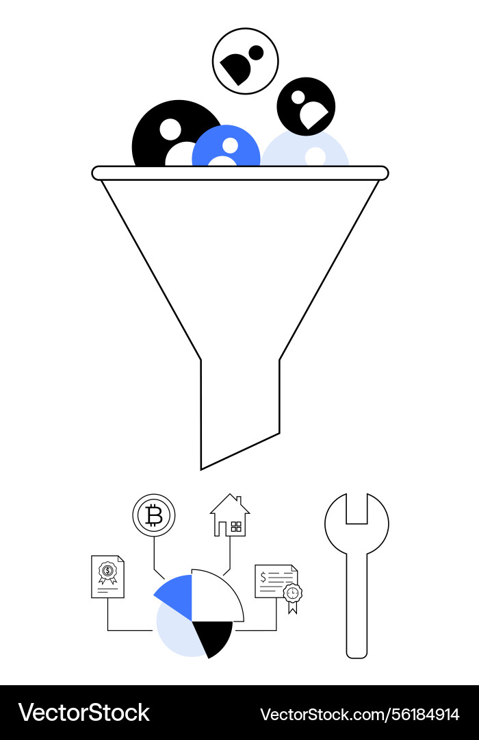 Funnel filtering user data into business icons Funnel filtering user data into business icons vector image