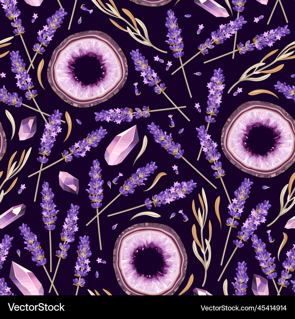Seamless pattern with lavender and geodes Vector Image