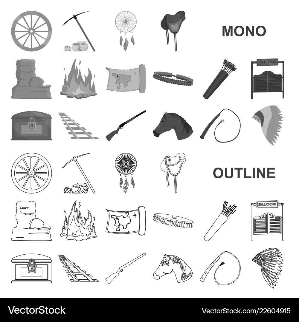 Attributes of the wild west monochrom icons in set Attributes of the wild west monochrom icons in set Vector Image
